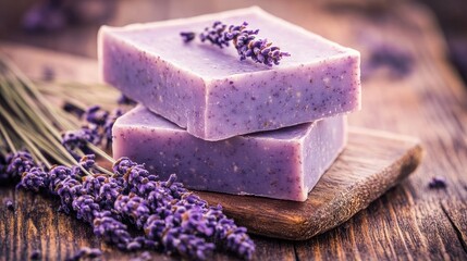 Beautifully crafted lavender soap bars on a wooden surface, exuding a calming aroma