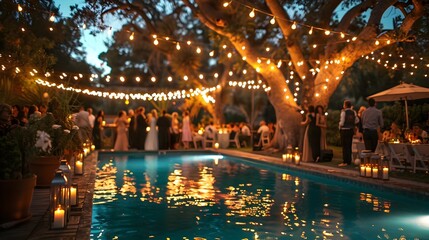 Elegant Poolside Garden Party with Formal Attire and Hanging String Lights