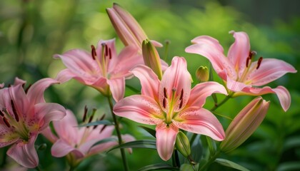 Pink lilies in full bloom within a verdant green meadow, showcasing the splendor of nature in spring