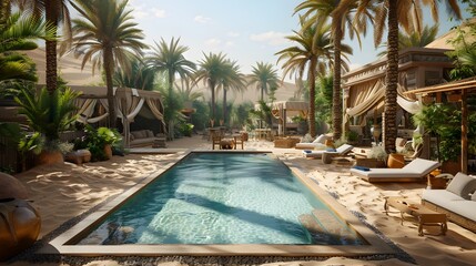 Obraz premium Luxurious Desert Oasis Pool Surrounded by Lush Greenery and Traditional Bedouin Tents