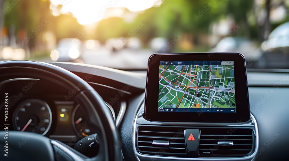 Poster futuristic gps navigation on autonomous car dashboard
