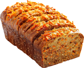 A freshly baked loaf of carrot bread, sliced and ready to eat.