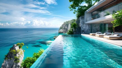 Fototapeta premium Infinity Pool Overlooking Pristine Cliffside Beach with Dramatic Scenic View