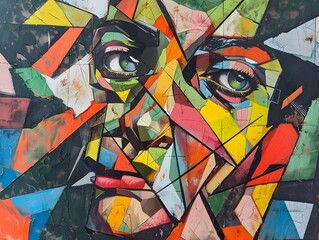Obraz premium Cubist Inspired Fractured Face Painting with Vibrant Colors and Geometric Shapes