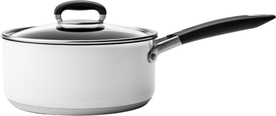 A sleek, modern stainless steel saucepan with a black handle and glass lid, perfect for cooking and boiling. High-quality kitchen utensil.
