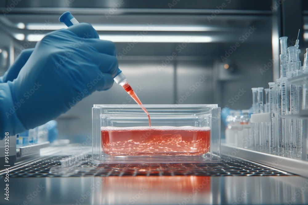 Poster using protective gloves during a laboratory experiment by a chemist