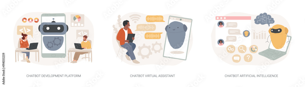 Poster chatbot programming isolated concept vector illustration set.