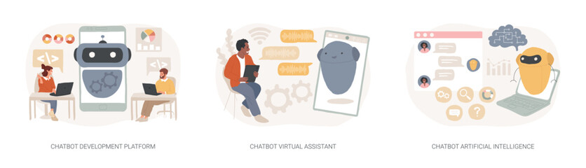 Chatbot programming isolated concept vector illustration set.
