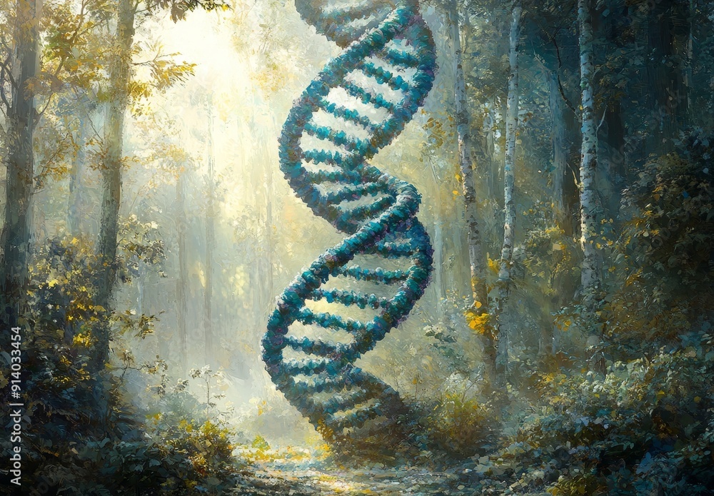 Poster colorful dna strands in an enchanted forest. double helix. biotechnology or bioengineering concept. 