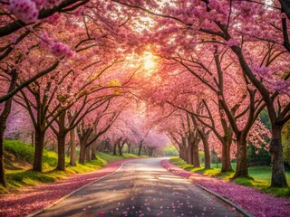 Vibrant pink cherry blossoms explode around a serene winding road, petals gently falling like confetti, creating a whimsical forest canopy in warm soft light.