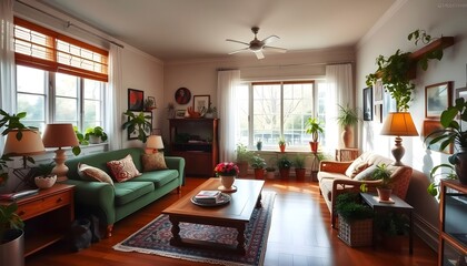 Fototapeta premium Spacious Living Room with Large Windows and Greenery