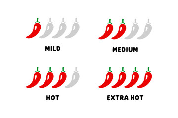 Red hot chili pepper levels. Mild, medium, hot, extra hot peper icons, illustrations.