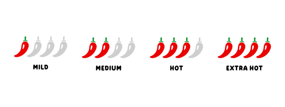 Red hot chili pepper levels. Mild, medium, hot, extra hot peper icons, illustrations.