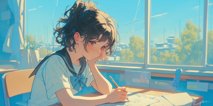 Contemplative Anime-Style Female Student Writing Test in Classroom: Creative Illustration for World Book Day. AI-Generated 4K Wallpaper Depicting Campus Life, Graduation Preparation, and Educational J