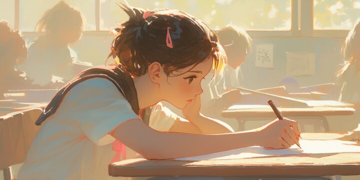 Contemplative Anime-Style Female Student Writing Test in Classroom: Creative Illustration for World Book Day. AI-Generated 4K Wallpaper Depicting Campus Life, Graduation Preparation, and Educational J