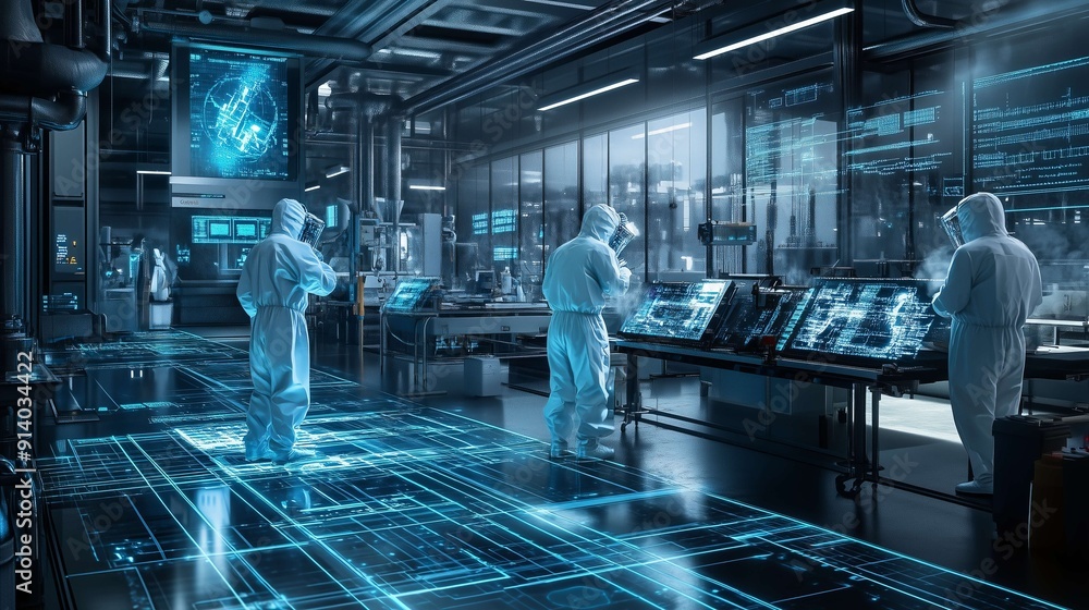 Poster scientists wearing protective suits are working in a futuristic laboratory using digital interfaces,