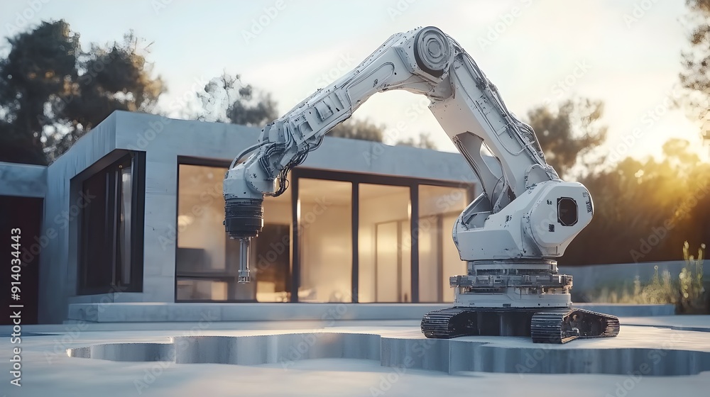 Poster robotic arm constructing automated house foundation with advanced technology