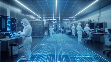Scientists in sterile protective suits are working with computers and analyzing data in a high tech futuristic laboratory with holographic projections