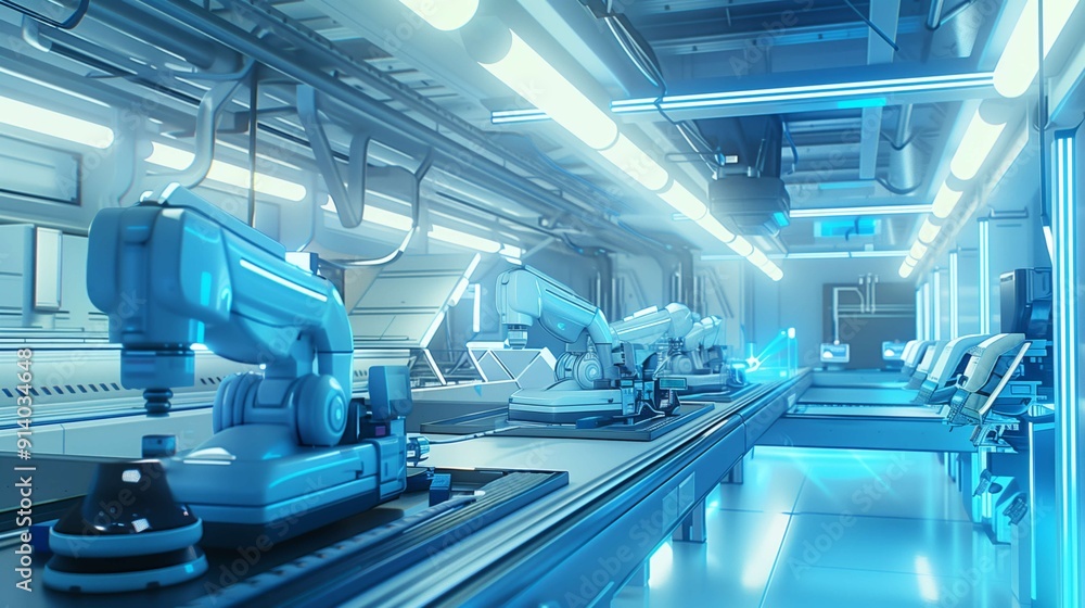 Poster row of robotic arms working on an assembly line in a futuristic factory, featuring bright lights and