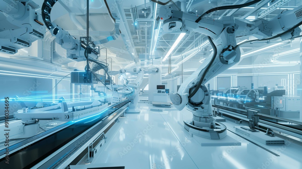 Poster futuristic factory with advanced robotic arms assembling products on a bright production line, showc