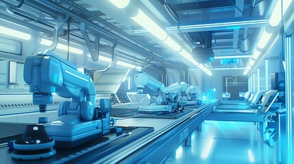 Row of robotic arms working on an assembly line in a futuristic factory, featuring bright lights and a sterile, modern aesthetic