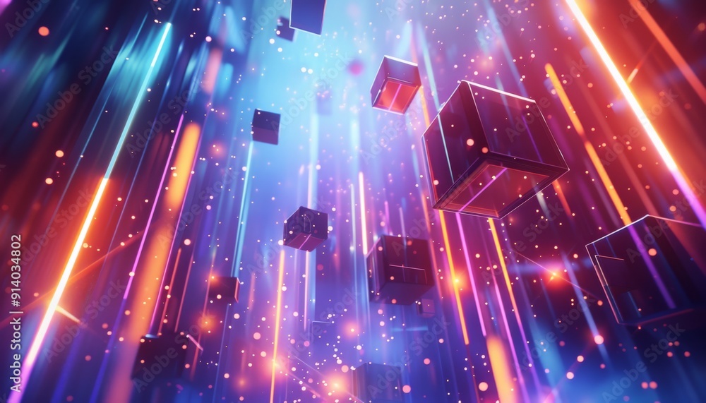 Poster futuristic 3d scene with abstract shapes and light beams, creating a vibrant scifi environment