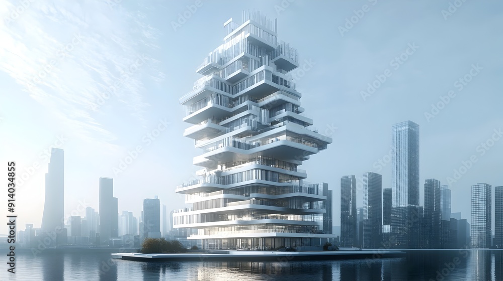 Poster multi-story building constructed by 3d printer,advanced high-rise architecture design
