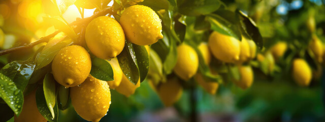 Branch of lemon tree bursting with ripe yellow lemons in orchard