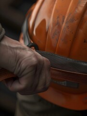 Obraz premium Close up of a Construction Worker s Hand Adjusting Safety Helmet Strap