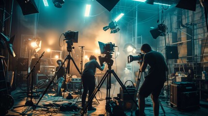 Fototapeta premium Several technicians and camera operators are setting up for a video shoot in a studio with professional lighting, cameras, and audio equipment