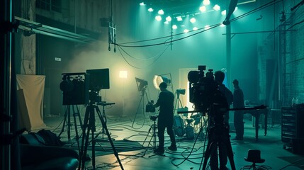 Skilled technicians set up video equipment in a studio, creating a cinematic atmosphere with blue and green lights. Professionals work together in a creative behind-the-scenes scene