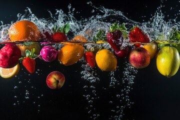 Many fruits and vegetables falling into water against black background with generative ai