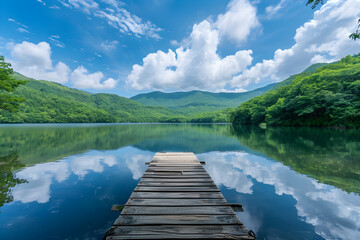 Obraz premium Peaceful lakeside retreat amidst lush forest with mountain backdrop and serene reflections