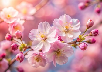 Obraz premium Delicate pink petals unfold from a cherry blossom's center, showcasing intricate details against a softly blurred background, capturing nature's beauty in warm, crisp, digital clarity.