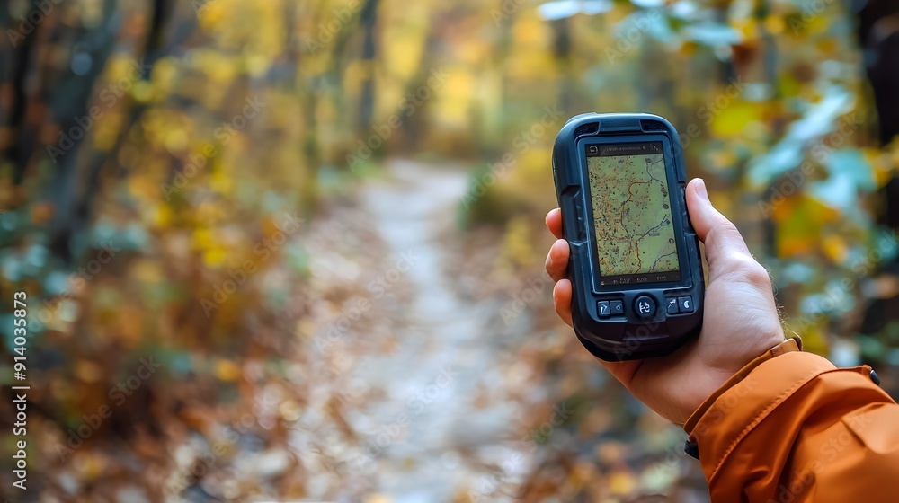 Poster navigating the wilderness with a gps device in hand
