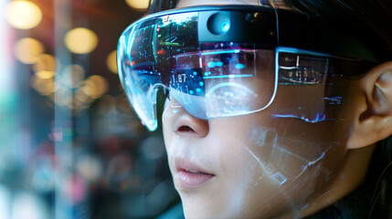 A person wearing futuristic smart glasses while interacting with augmented reality technology in a city.