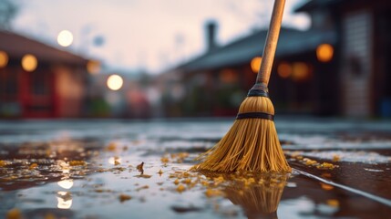 Broom Sweeping Wet Pavement