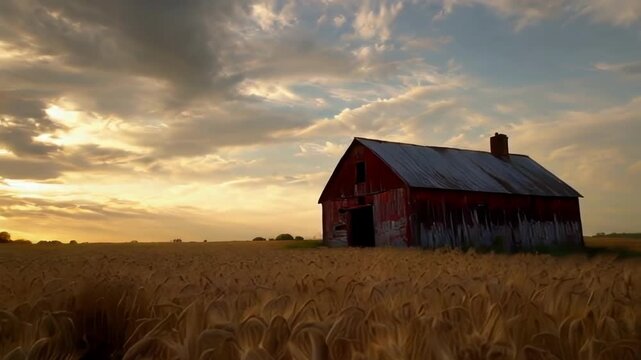 A rustic barn at sunset in a golden wheat field
