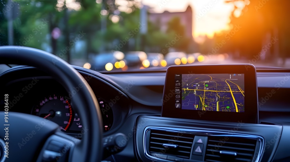 Poster gps tracker on car dashboard for smart vehicle monitoring and driving