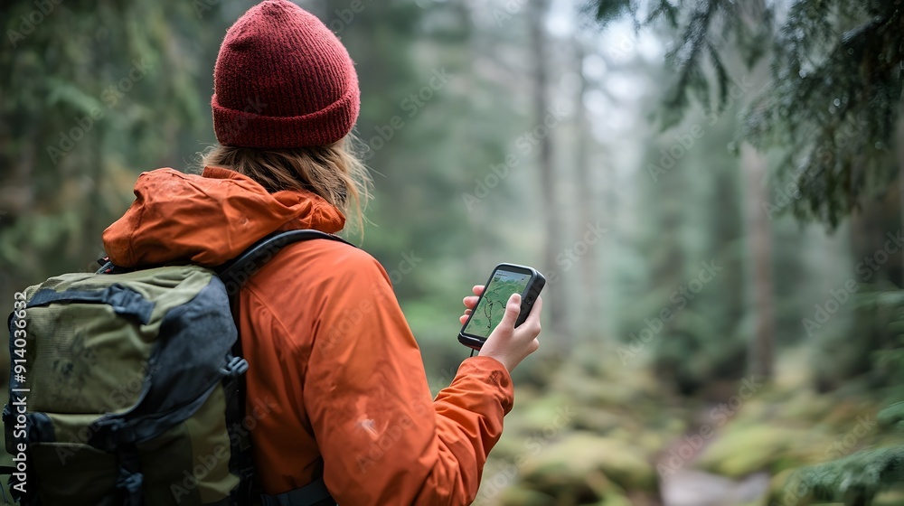 Poster hiker using handheld gps device for outdoor adventure and navigation