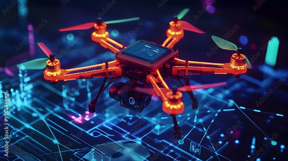 Poster drone with gps-enabled flight path exploring aerial landscape and technology