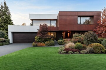 A large contemporary house with clean lines and big windows, surrounded by a beautifully manicured front garden with a mix of vibrant plants and shrubs basking in sunlight.