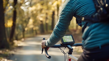 Obraz premium Cyclist Using GPS Device for Bike Route Navigation and Tracking