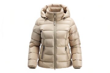Fototapeta premium Three-dimensional rendering of a beige women's puffer down jacket with zipped pockets isolated on a white background, showcasing winter clothing for females.