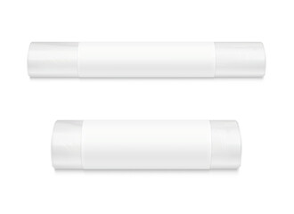 Clear plastic food storage roll bag mockups with paper label. High realistic. Vector illustration isolated on white background. Ready for use in presentation, promo, advertising and more. EPS10.