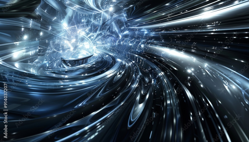 Poster futuristic 3d scene with abstract shapes and light beams, creating a vibrant scifi environment