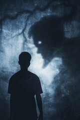 A dark shadow behind a person, the concept of the person's inner fear 