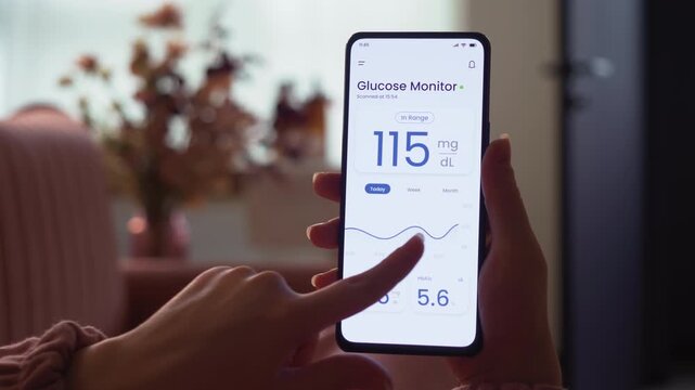 Monitoring glucose level with a smartphone app and a remote sensor. Continuous monitoring of glucose technology in diabetes treatment. Fictional Interface.