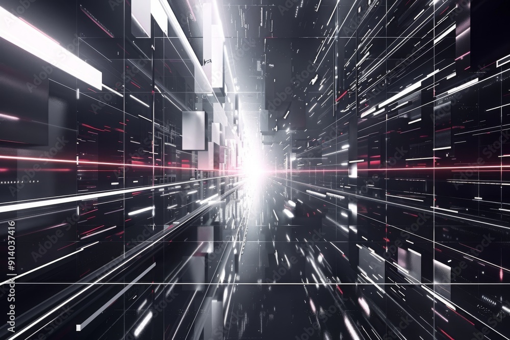Poster futuristic 3d scene with abstract shapes and light beams, creating a vibrant scifi environment