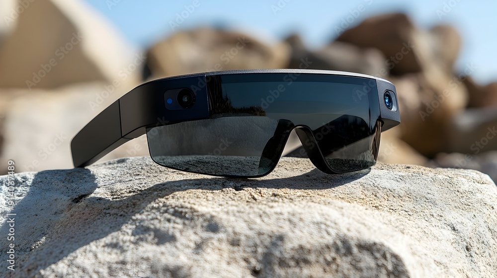 Poster gps-enabled smart glasses with augmented reality navigation and futuristic tech eyewear